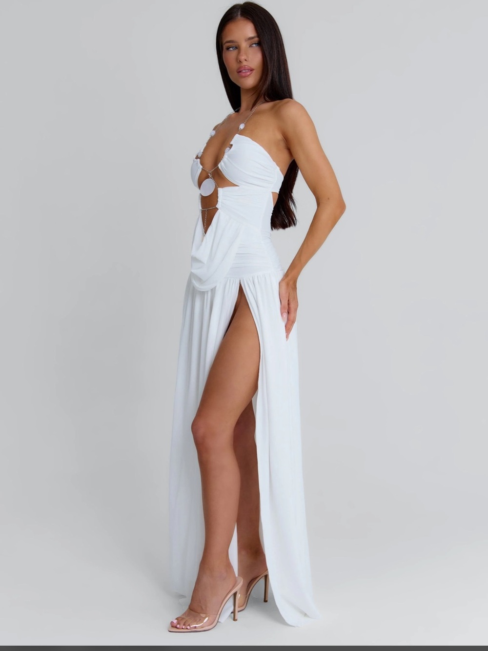 Strapless White Cutout Maxi Dress with High Slit and Chain Details